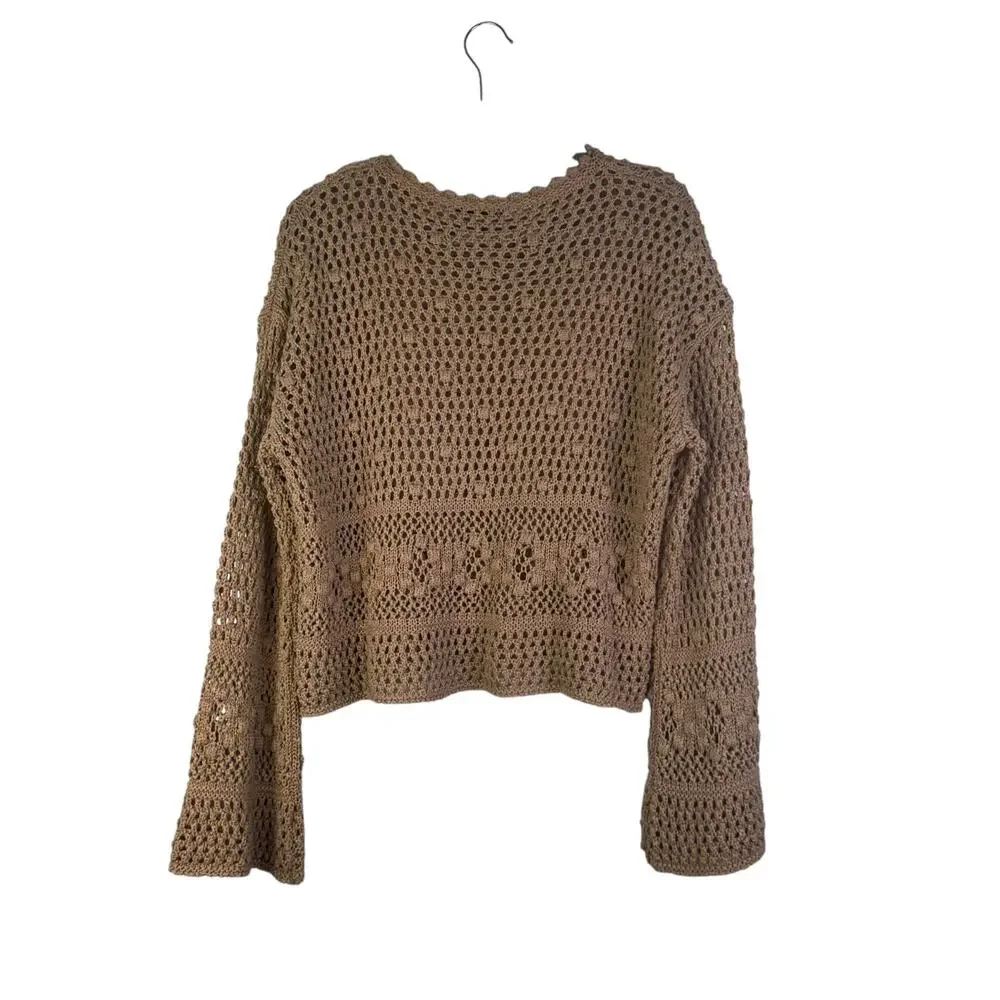 Zara Crochet‎ Knit Sweater Tan Boho Small Oversize Beachy Costal Flounce Sleeve